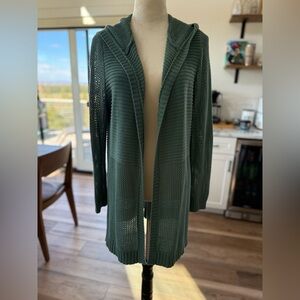 Long Split Hem Teal Hooded Cardigan